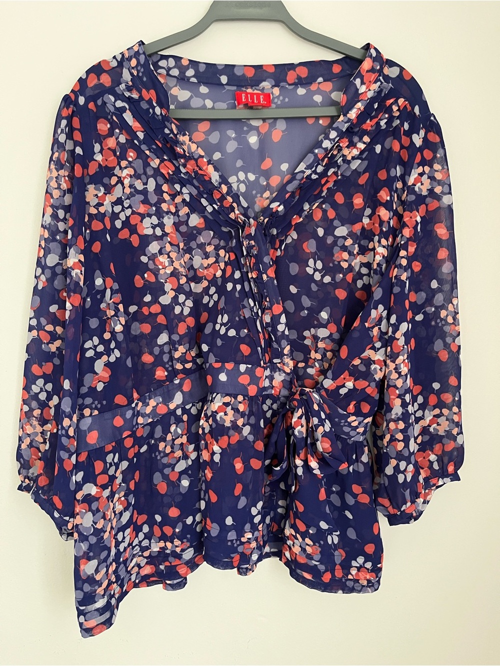 ELLE Navy Floral Tie-Waist Sheer Peplum Blouse 3/4th Sleeves size 2X